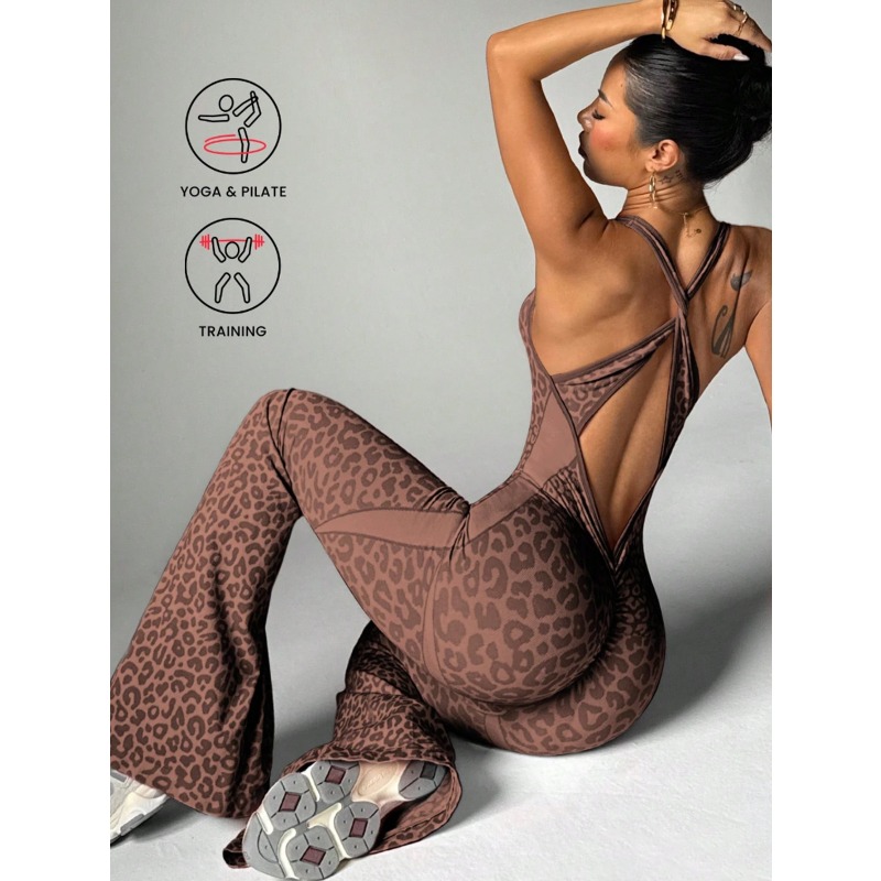 Yoga Fitness Jumpsuit - Dames jumpsuit met luipaardprint, gekruiste rug,